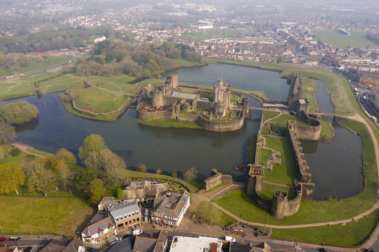 Arial view of Caerphilly Castle
