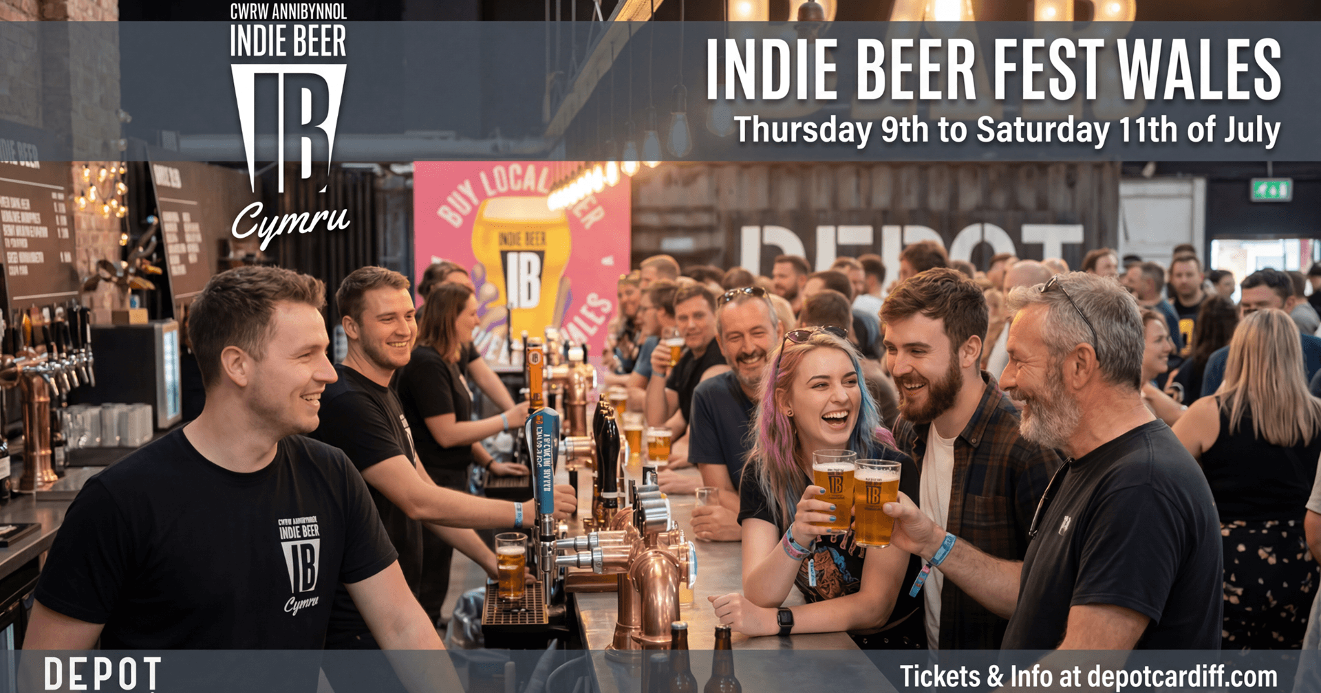 A cheerful group of friends sitting at long wooden tables, smiling and toasting with pints of craft beer at the 2026 Indie Beer Festival in Cardiff, set inside a bustling venue with a large festival sign in the background.