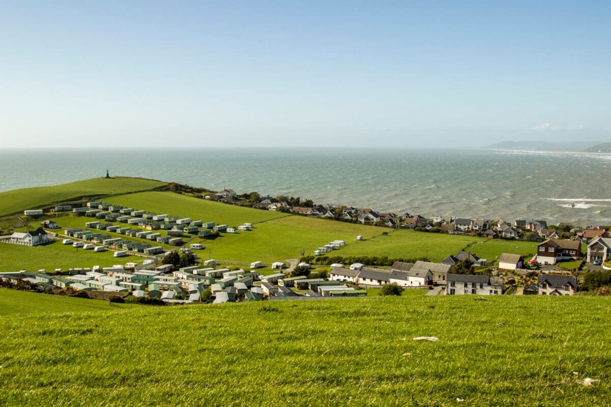Static caravans at a holiday park above the beach at Borth, Ceredigion