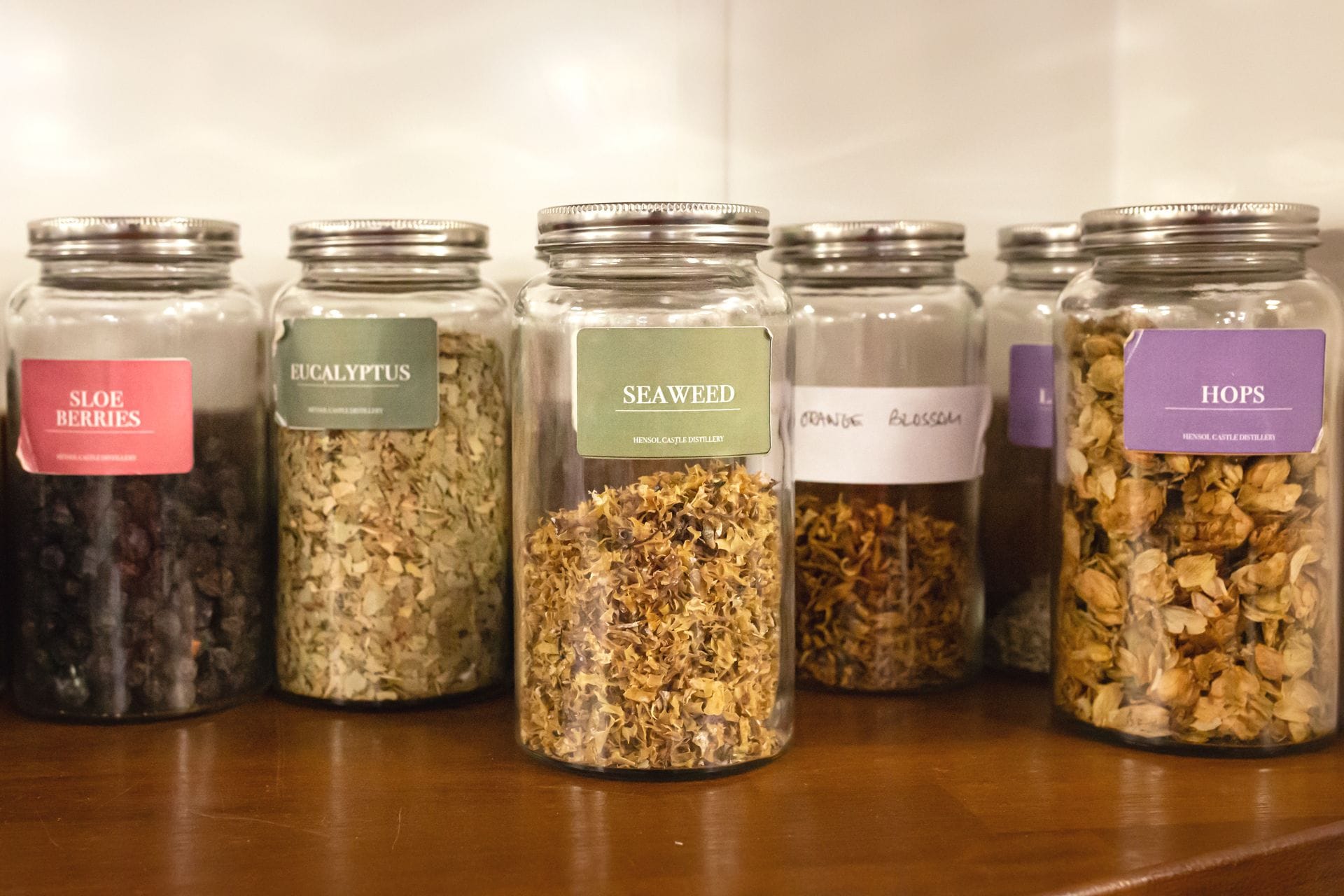 A close-up of glass jars filled with dried botanical ingredients, including sloe berries, eucalyptus, seaweed, and hops, showcasing the unique local flavorings used to craft artisanal gin at top distilleries in Wales.