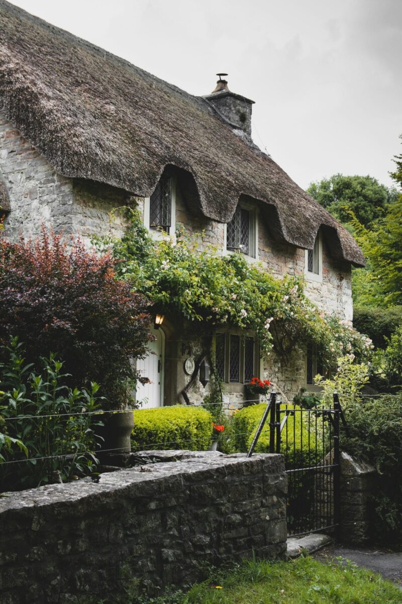 A quaint stone holiday cottage in Wales with a thatched roof, ivy climbing its walls, and a lush garden in front. Ornate windows and greenery surround the house, with a stone fence and gate in the foreground.