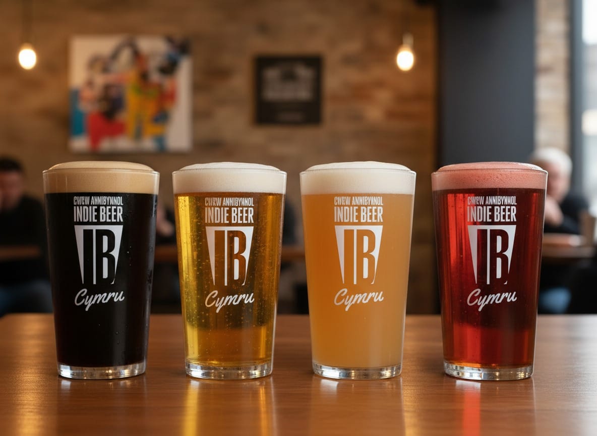 Four branded Indie Beer Cymru pint glasses showing a stout, golden ale, pale ale and red ale lined up on a wooden bar at a Cardiff craft beer venue