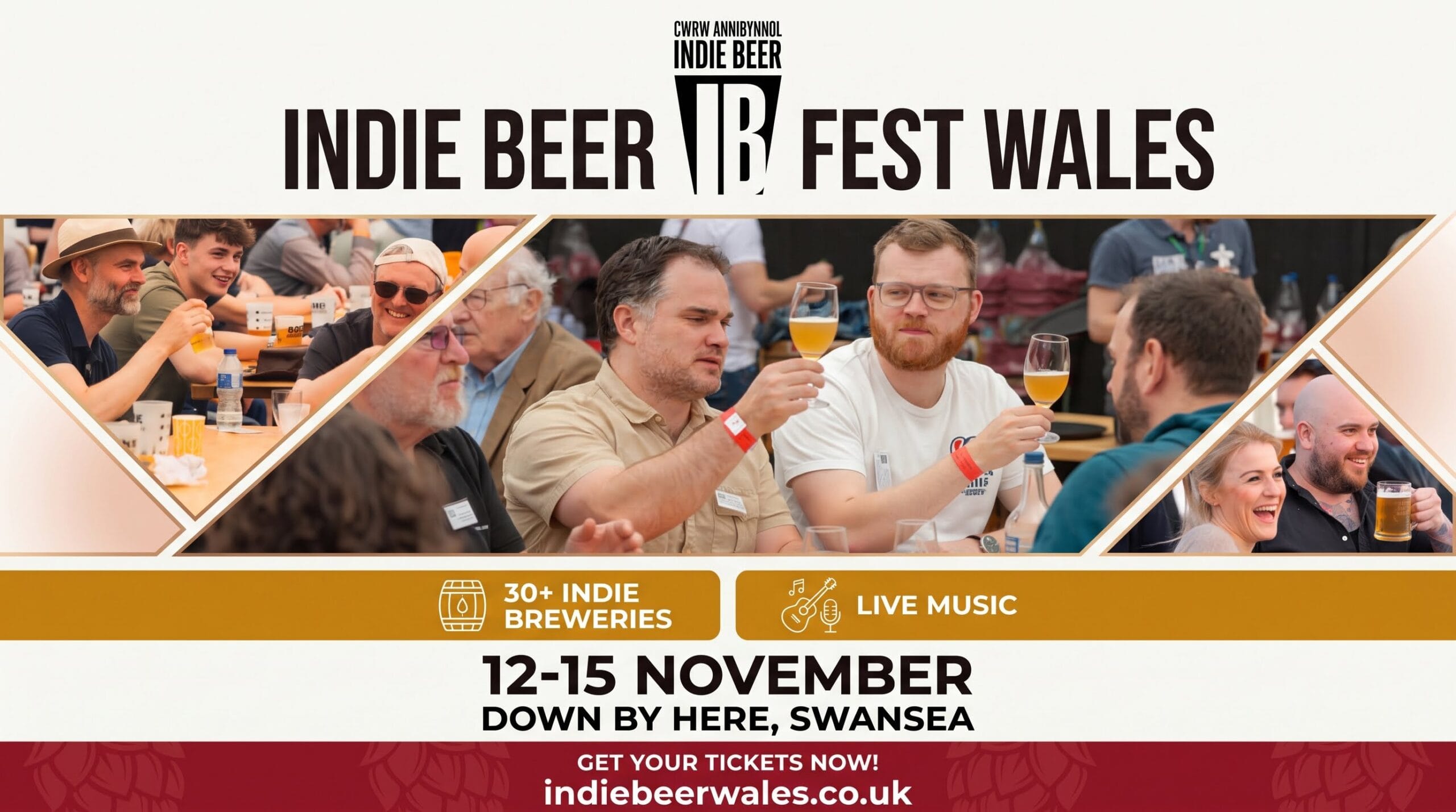 Promotional banner for Indie Beer Fest Wales showing a collage of happy festival-goers raising glasses of craft beer, with text confirming the event runs from 12-15 November at Down By Here, Swansea, featuring 30+ indie breweries and live music.