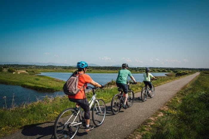 Three people ride bicycles on the Peregrine Path in Wales, a paved trail beside a river, surrounded by green grass and fields under a clear blue sky. They wear helmets and casual clothes, enjoying this scenic outdoor activity.