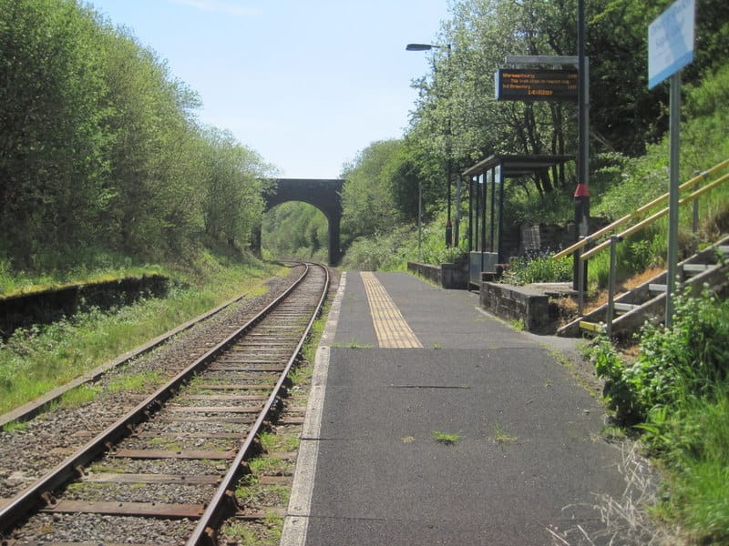 A small, single-platform rural train station with a railway track curving into the distance under a stone arch bridge. The platform is surrounded by lush green trees and features a simple glass waiting shelter, a digital departure board, and a wooden staircase leading down to the platform.