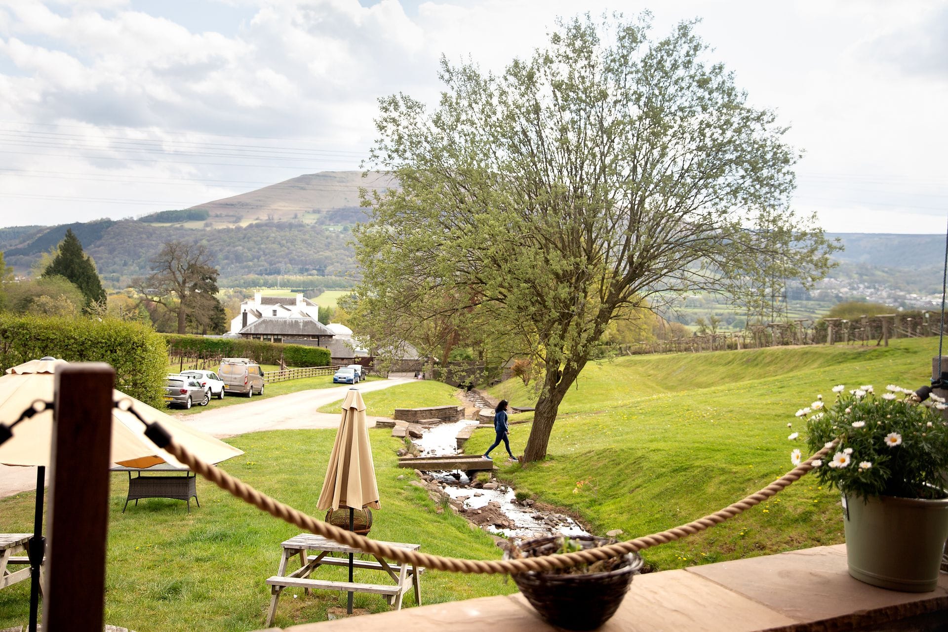 View from the outdoor seating terrace at Sugar Loaf Vineyards looking across the vineyard grounds toward the distinctive conical peak of the Sugar Loaf mountain in Bannau Brycheiniog, with a small stream running through the lawn, a willow tree, picnic tables and a person walking beside the water on a bright spring day.