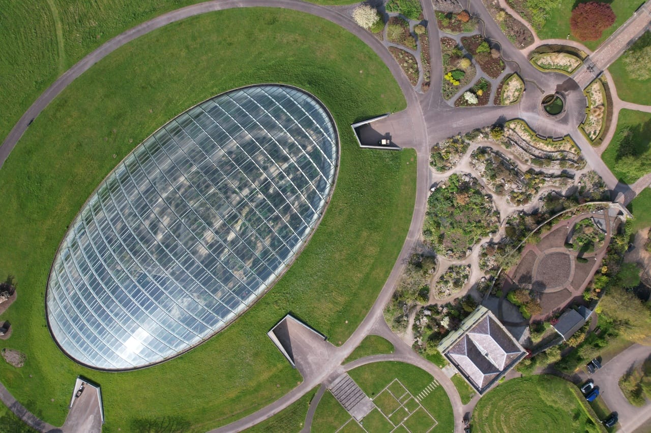 National Botanic Garden of Wales Glasshouse as seen from the sky
