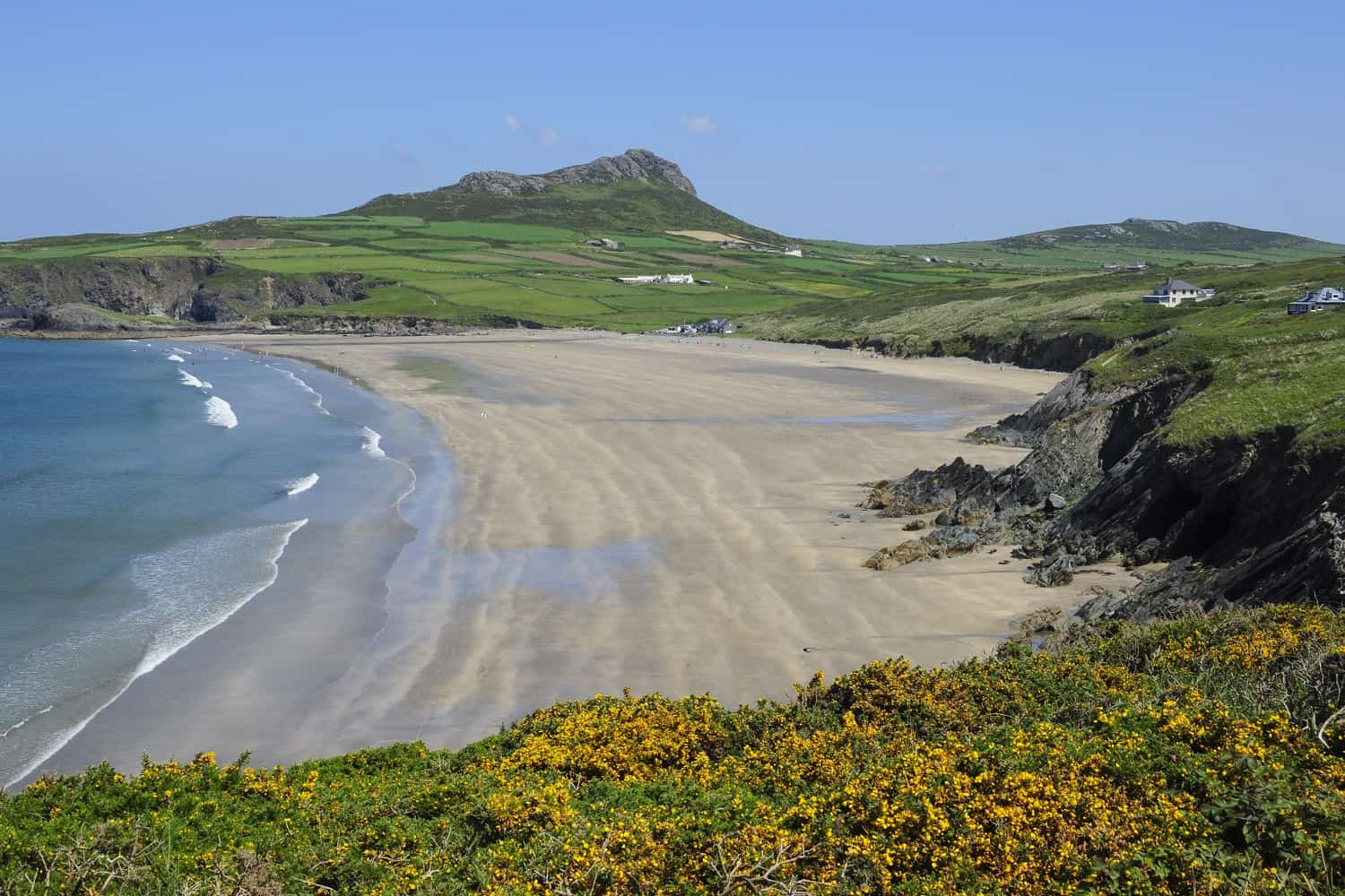 A wide-angle daytime photograph of Whitesands Beach near St Davids in Pembrokeshire, showcasing the sweeping expanse of pale golden sand, rolling white surf waves of the Atlantic, and the dramatic rocky headland of Carn Llidi rising under a light sky.