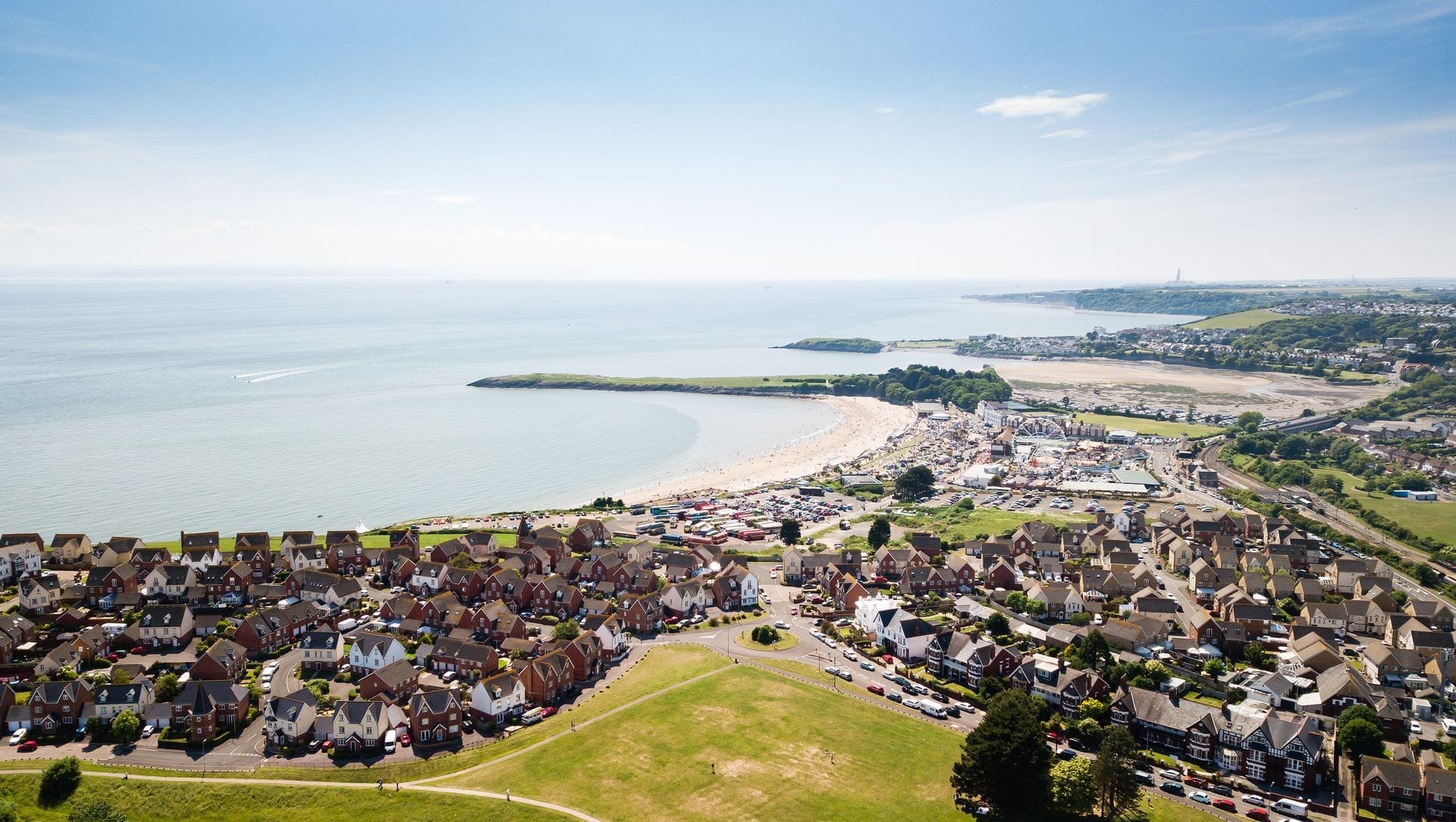 Aerial view of Barry Island seafront and town, Vale of Glamorgan, Wales