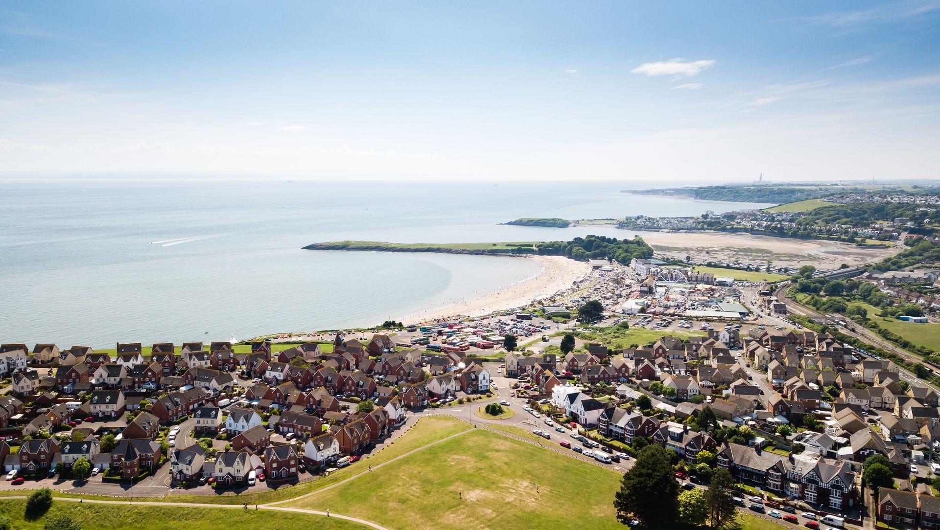 Aerial view of Barry Island seafront and town, Vale of Glamorgan, Wales