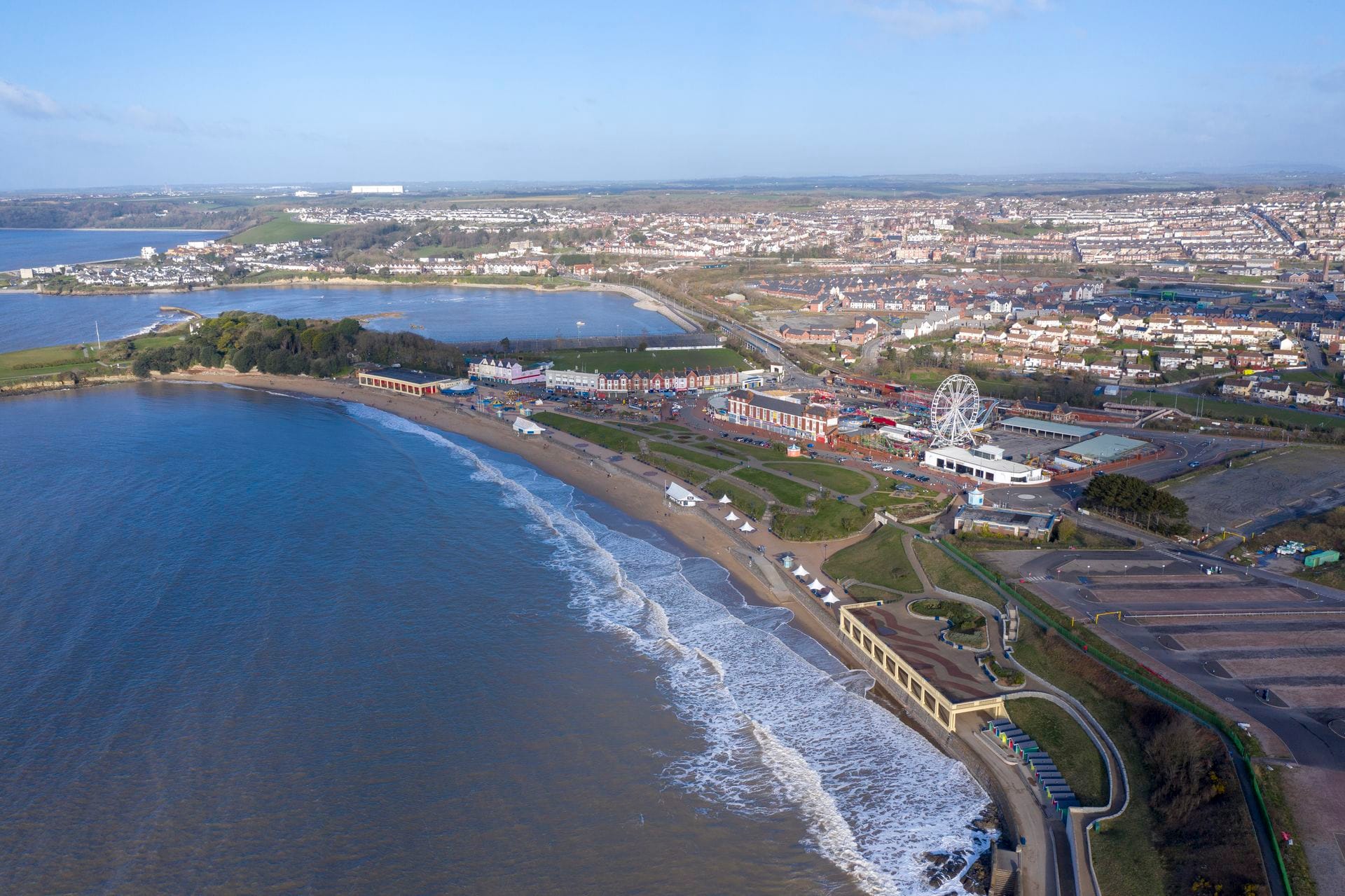 Aerial view of Barry Island beach and coastline, Vale of Glamorgan, South Wales