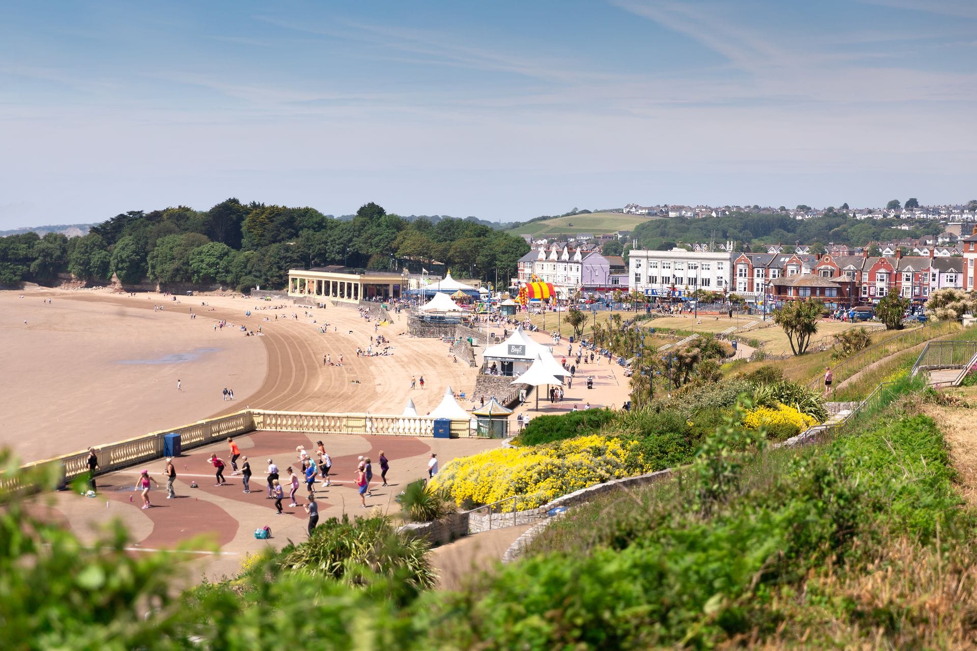 Aerial view of Barry Island promenade, seafront and sandy beach, South Wales