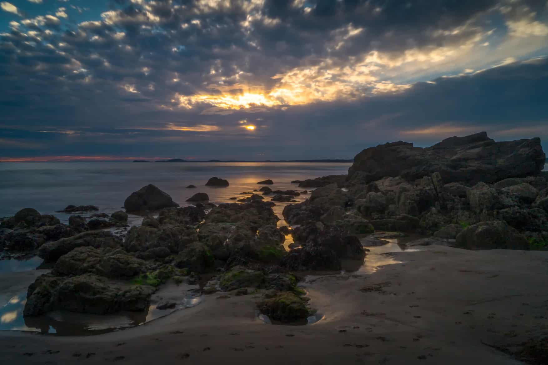 Beach at sunrise with the tide out showing the seaweed covered rocks in the foreground