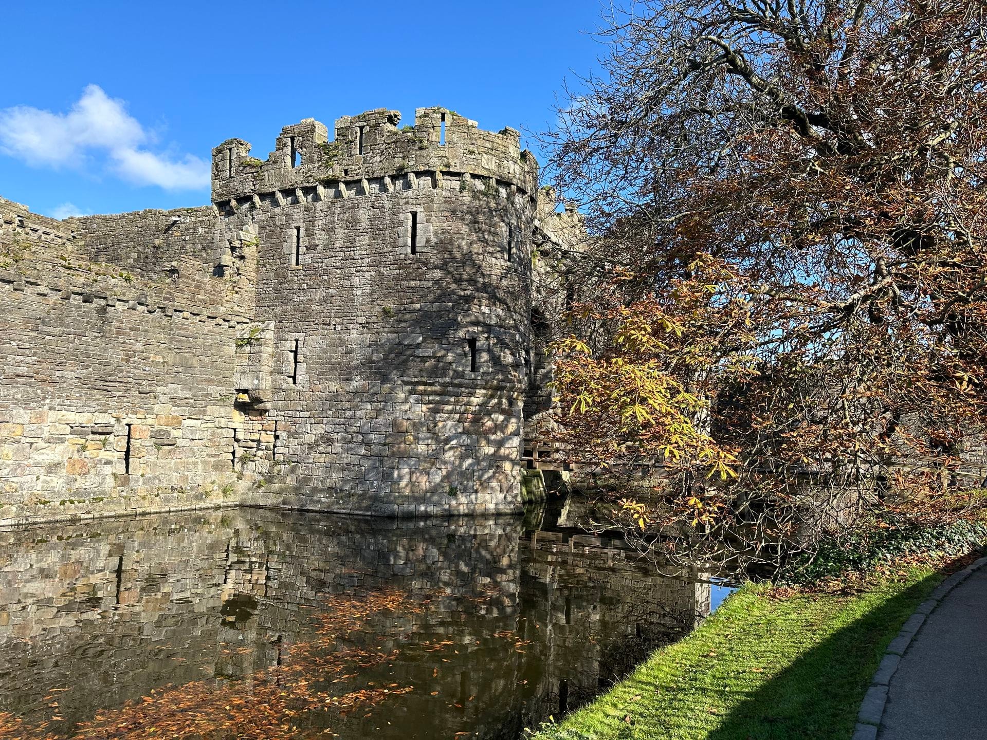 A round tower of Beaumaris Castle rising directly from the water-filled moat, its crenellations reflected in the still water, with an autumn tree in golden colour beside it.