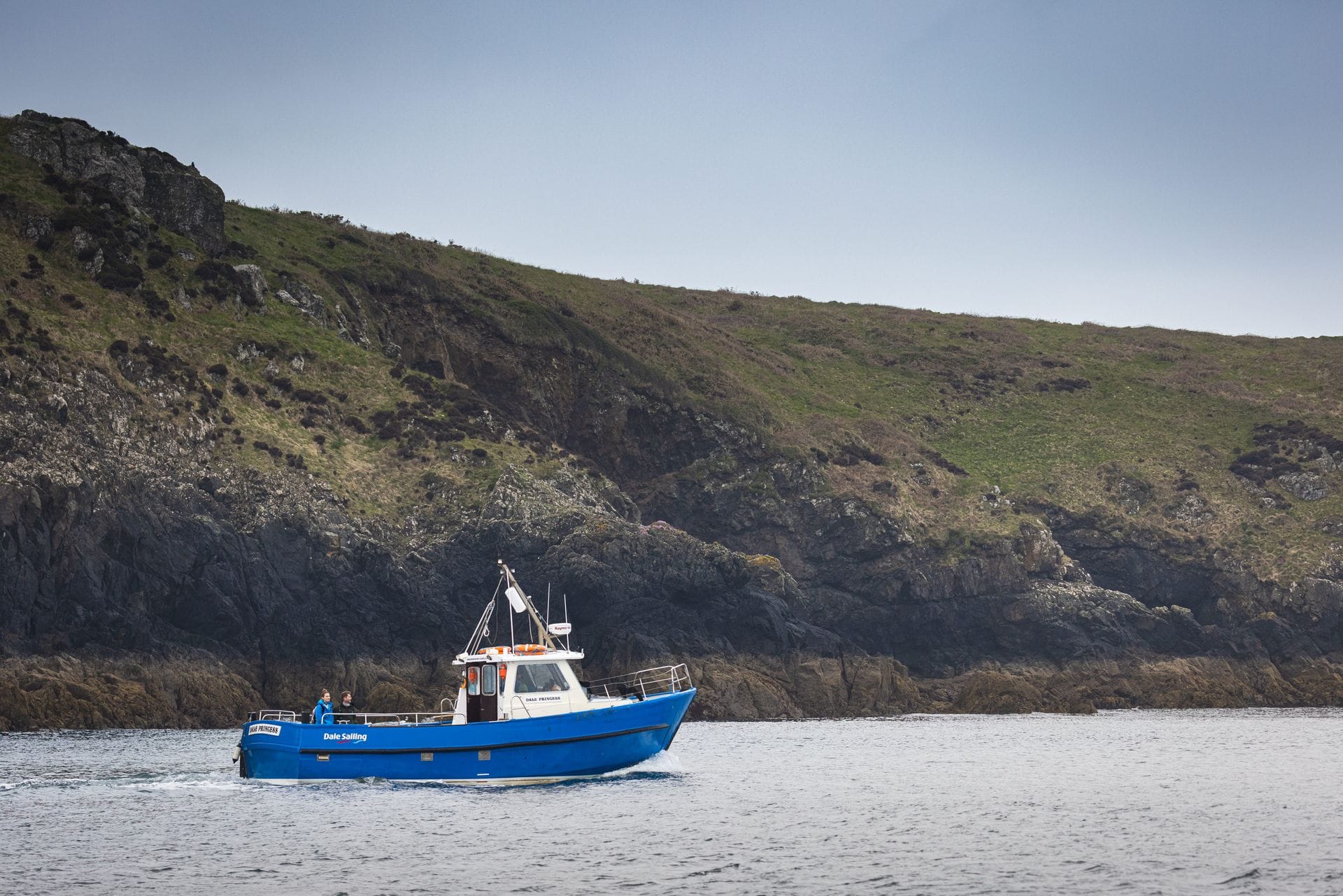 A blue and white passenger cruise boat sailing on calm water directly in front of the steep, rocky and grass-topped cliffs of Puffin Island under a clear blue sky.