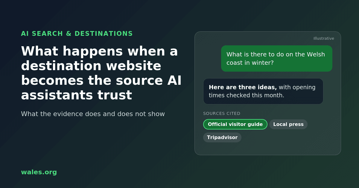 Illustrated chat in which a visitor asks an AI assistant what to do on the Welsh coast in winter, and the answer cites an official visitor guide, local press and Tripadvisor.