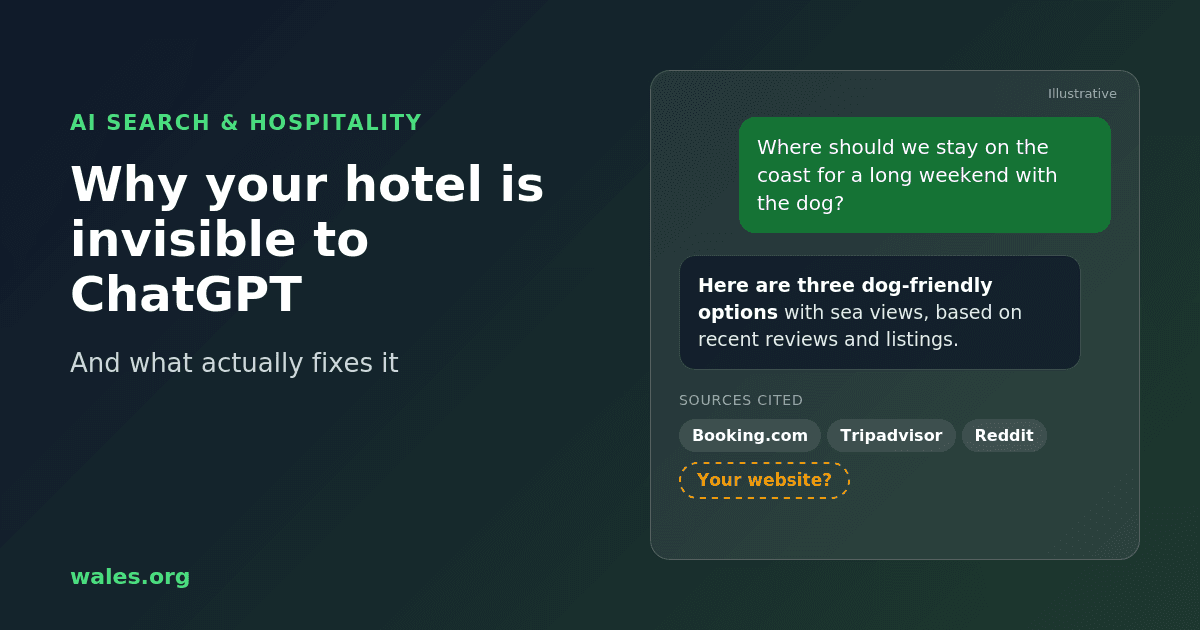 Illustrated chat in which a guest asks an AI assistant for a dog-friendly coastal hotel, and the answer cites Booking.com, Tripadvisor and Reddit while the hotel's own website is missing.