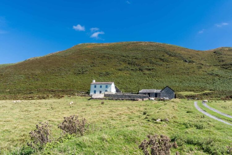 A white farmhouse with a stone outbuilding stands in a grassy field at the base of a green hillside under a bright blue sky with a few clouds. A narrow path leads towards the buildings—a tranquil scene typical of farm cottages in Wales.
