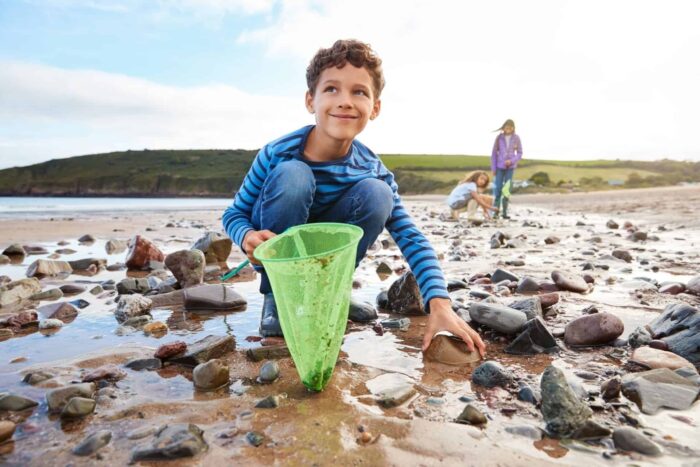 A young boy crouches on a rocky beach in Wales, holding a green net and smiling whilst searching for sea creatures; two children explore near the water, enjoying fishing in Wales.