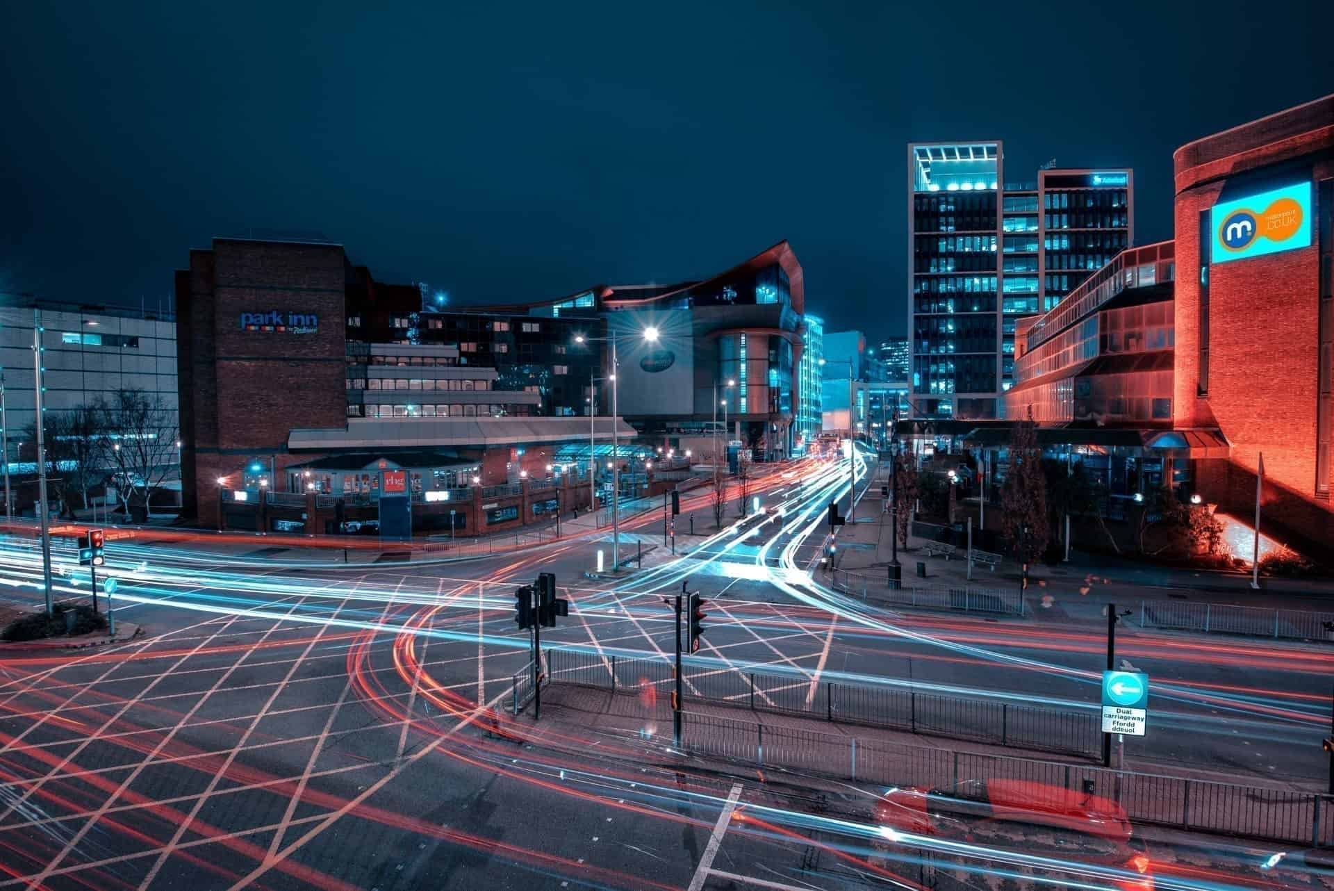Movement of traffic and people in Cardiff City at Night