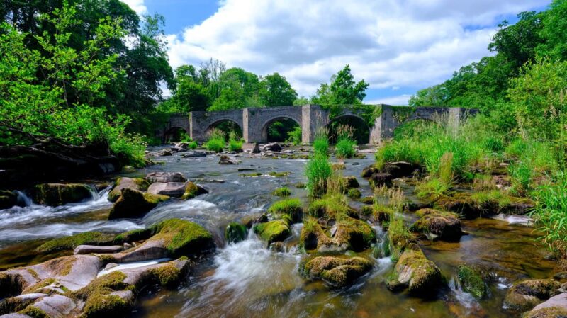 A picturesque stone multi-arch bridge spanning a gently cascading river. In the foreground, clear water flows swiftly over and around moss-covered rocks and vibrant green river grasses. The riverbanks are lined with dense, lush green trees under a bright blue sky dotted with fluffy white clouds.