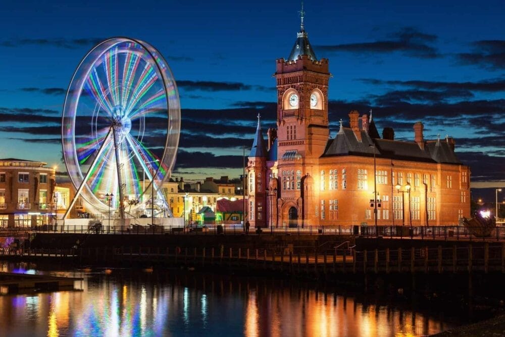 Cardiff Cathedral illuminated at night in the heart of the city, South Wales