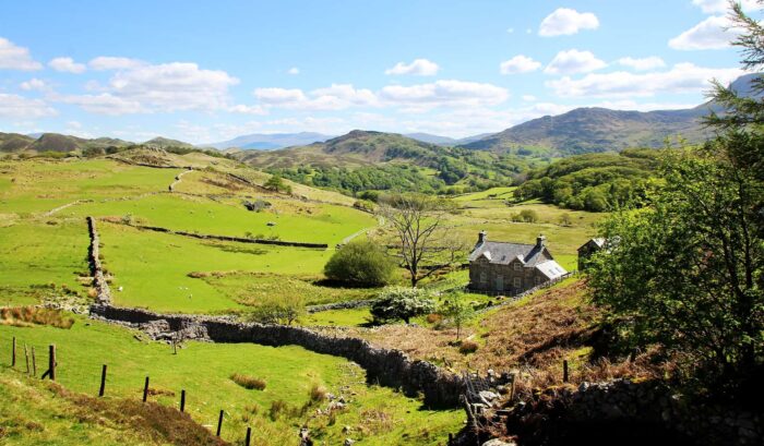 A stone cottage sits in a lush, green valley surrounded by rolling hills, stone walls, and scattered trees under a blue sky. Mountains rise in the distance, making this the perfect Snowdonia holiday cottage retreat.