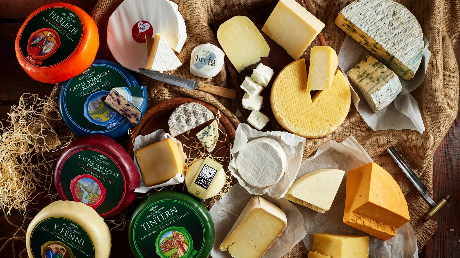 An overhead spread of Welsh cheeses on rustic wood and burlap, featuring wax-sealed farmhouse cheddar wheels labelled Harlech, Tintern and Y-Fenni, a wedge of organic Caws Cenarth Caerffili, soft white-rinded rounds, a small Brefu Bach goat's cheese, and cut wedges of blue-veined cheese, with cheese knives alongside.