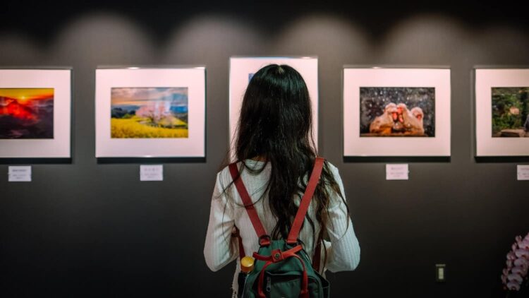 A person with long dark hair and a red and black rucksack stands facing a wall displaying framed landscape photographs in an art gallery, reminiscent of the serene exhibitions often found in art galleries in Wales.