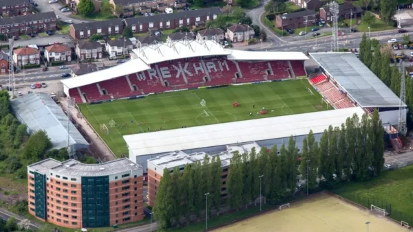 Wrexham town and the Racecourse Ground football stadium